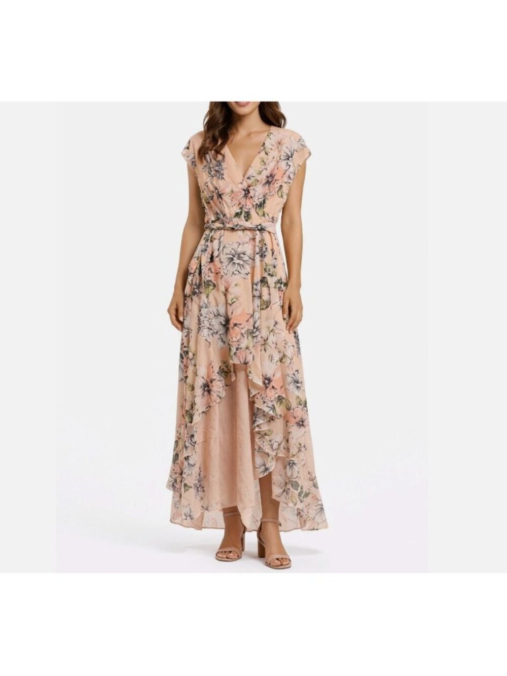 Eliza J Floral High Low Maxi Dress Size 6 Pastel Ruffle Chiffon Wedding Fairy